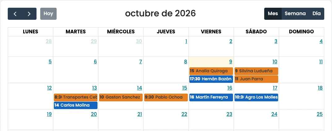 Calendario mensual de turnos de GarageDigital con los ingresos agendados por cliente y horario