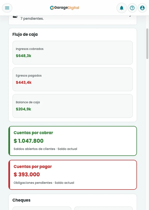 GarageDigital en el celular: flujo de caja y cuentas por cobrar y por pagar