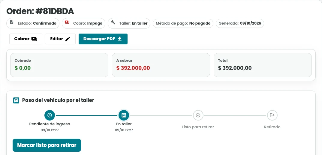 Detalle de una orden en GarageDigital con estado comercial, cobro, saldo a cobrar y el paso del vehículo por el taller