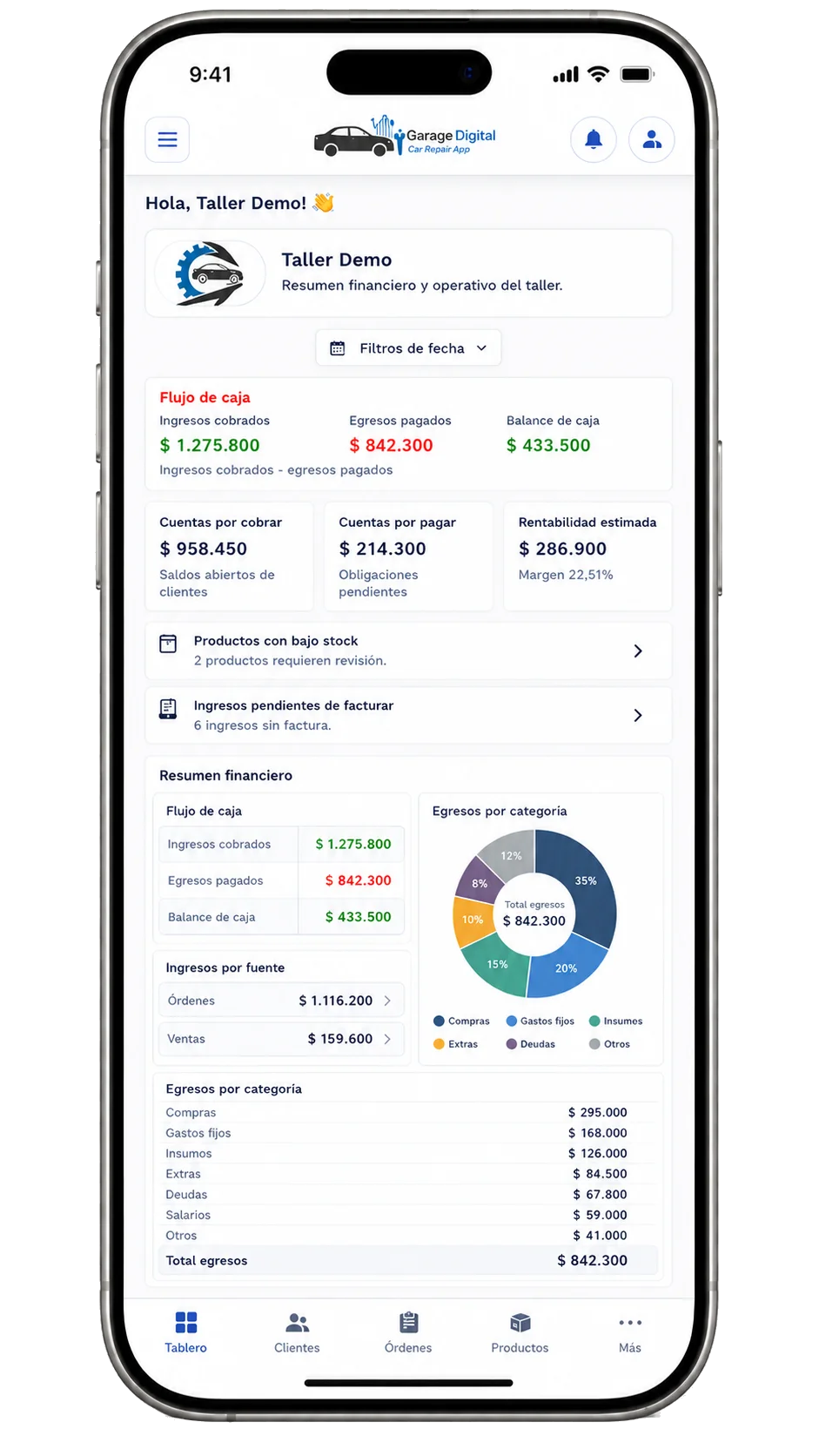 Vista mobile de GarageDigital con estado de una orden de trabajo